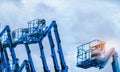 Articulated boom lift. Aerial platform lift. Telescopic boom lift against blue sky. Mobile construction crane for rent and sale. Royalty Free Stock Photo