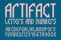 Artifact letters and numbers with currency symbols. Mythological style font