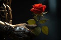 Artificial affection Robot expresses love, clutching a beautiful red rose