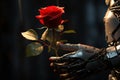 Artificial affection Robot expresses love, clutching a beautiful red rose