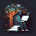 Artificial AI fake person checking tablet and sitting in front of a small orange & blue AI tree