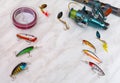 Artificial baits and fishing tackle as a frame for inscription, text Royalty Free Stock Photo