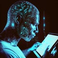 Artificial bioluminal transparent fake AI person watching a tablet when sitting on navy blue background