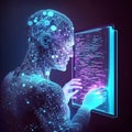 Artificial bioluminal transparent fake AI person watching a tablet when standing on blue background with blue and purple elements