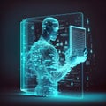 Artificial bioluminal transparent fake AI person watching a tablet when standing in a blue frame on navy blue background