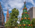 Artificial Christmas tree and Saint Pauls spire, Melbourne, Australia Royalty Free Stock Photo