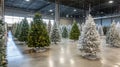 Artificial christmas trees display in warehouse setting with varieties of green and white flocked options Royalty Free Stock Photo