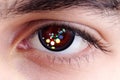 Artificial close-up Eye Cyborg face of mechanical robot, future with red glow Royalty Free Stock Photo