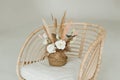 artificial decorative flowers in a wicker basket on an armchair