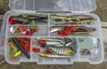 Artificial fish bait. Colorful Fishing Lures. Tackles, spoons and wobblers in box for catching or fishing of predatory fish. Close Royalty Free Stock Photo