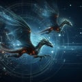 Abstract Dragons Soar on a Dark Blue Background, Symbolizing AI and Neural Networks. Generative ai for illustrations Royalty Free Stock Photo