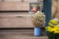 artificial flower decorated on wooden stair Royalty Free Stock Photo