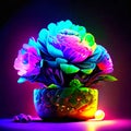 Artificial flower in a pot on a dark background. 3d rendering AI generated