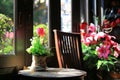 Artificial flowers in brown sack vase on the table at old cafe. Vintage restaurant in dark tone Royalty Free Stock Photo