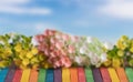 Artificial flowers on the colorful wooden with blue sky Royalty Free Stock Photo