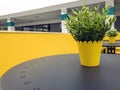 Artificial flowers in an yellow pot placed on a table in a coffee shop. Interior  and decoration  of a cafe in a shopping mall Royalty Free Stock Photo