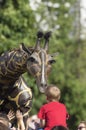 An artificial giraffe looks at a little boy