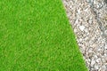 Artificial grass and decorative pebbles background.