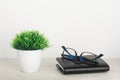 Artificial grass in a pot with glasses and notepad on a wooden table on a white background