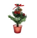 Artificial green Christmas tree, decorated with gold and red ornaments, in a red pot, isolated outline Royalty Free Stock Photo