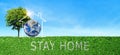 Blue earth stay in home icons on green grass meadow field with green natural and sunlight in background. Royalty Free Stock Photo