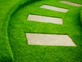 Artificial green grass walk way with concrete plate Royalty Free Stock Photo