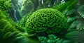 Artificial green nature brain shape plant in jungle, eco concept. Generative AI