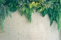 Artificial green plants on brick wall background with copy space