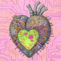 Artificial heart endowed with computer circuits, emotional artificial intelligence concept. Generative AI illustration