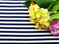 Artificial Hydrangeas flowers bouquet located on Blue and white stripes Royalty Free Stock Photo