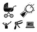 Artificial insemination, baby carriage, instrument, gynecological chair. Pregnancy set collection icons in black style