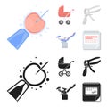Artificial insemination, baby carriage, instrument, gynecological chair. Pregnancy set collection icons in cartoon,black