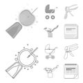 Artificial insemination, baby carriage, instrument, gynecological chair. Pregnancy set collection icons in outline