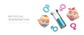 Artificial insemination. Male and female gender symbols, test tube with liquid, doll heads Royalty Free Stock Photo
