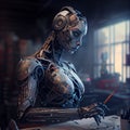 Artificial Inteligence, humaniod robot drawing, futuristic concept. Royalty Free Stock Photo