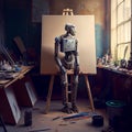 Artificial Inteligence, humaniod robot in his atelier, futuristic concept.