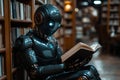 Artificial Intelligence Advancements: Robot Reading Books in Futuristic Library Setting