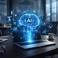 Artificial Intelligence AI Brain Hologram on Laptop Screen in Modern Office for Business Technology Concept Royalty Free Stock Photo