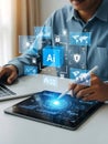 Artificial Intelligence (AI) for Cybersecurity: Global Data Protection and Business Security on Tablet Royalty Free Stock Photo