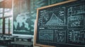 Artificial Intelligence AI-Driven Analytics in Classroom. Chalkboard with analytics and student performance data