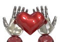 Artificial intelligence or AI hands holding a red heart. robot can feeling in love like human. Royalty Free Stock Photo