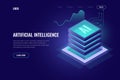 Artificial intelligence, AI isometric icon, computer brain, server room rack, big data, element for design digital