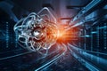 Artificial Intelligence (AI) landing page design, hi-tech blockchain network on neural network background Royalty Free Stock Photo