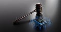 Artificial Intelligence AI and Legal Systems: Judge's Gavel Hammer as a Symbol of Law and Order with Processor CPU