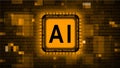 Artificial intelligence AI lettering on chip - orange abstract background of blurred binary code - information technology concept
