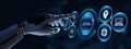 Artificial intelligence AI, machine learning and modern computer technologies concepts. Robot pressing button on virtual screen Royalty Free Stock Photo