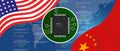 Artificial intelligence AI neuralink chip digital neural engine. China and USA relations concept. Flags on technology