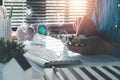 Artificial Intelligence AI, Person hand using smartphone on office desk with holographic brain Artificial Intelligence AI Royalty Free Stock Photo