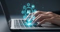 Artificial Intelligence Tech Hands Typing Laptop Keyboard with Glowing AI Digital Interface for Business Royalty Free Stock Photo