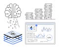 Artificial intelligence analyzing data with neural network, stack of books, and analytics dashboard Royalty Free Stock Photo